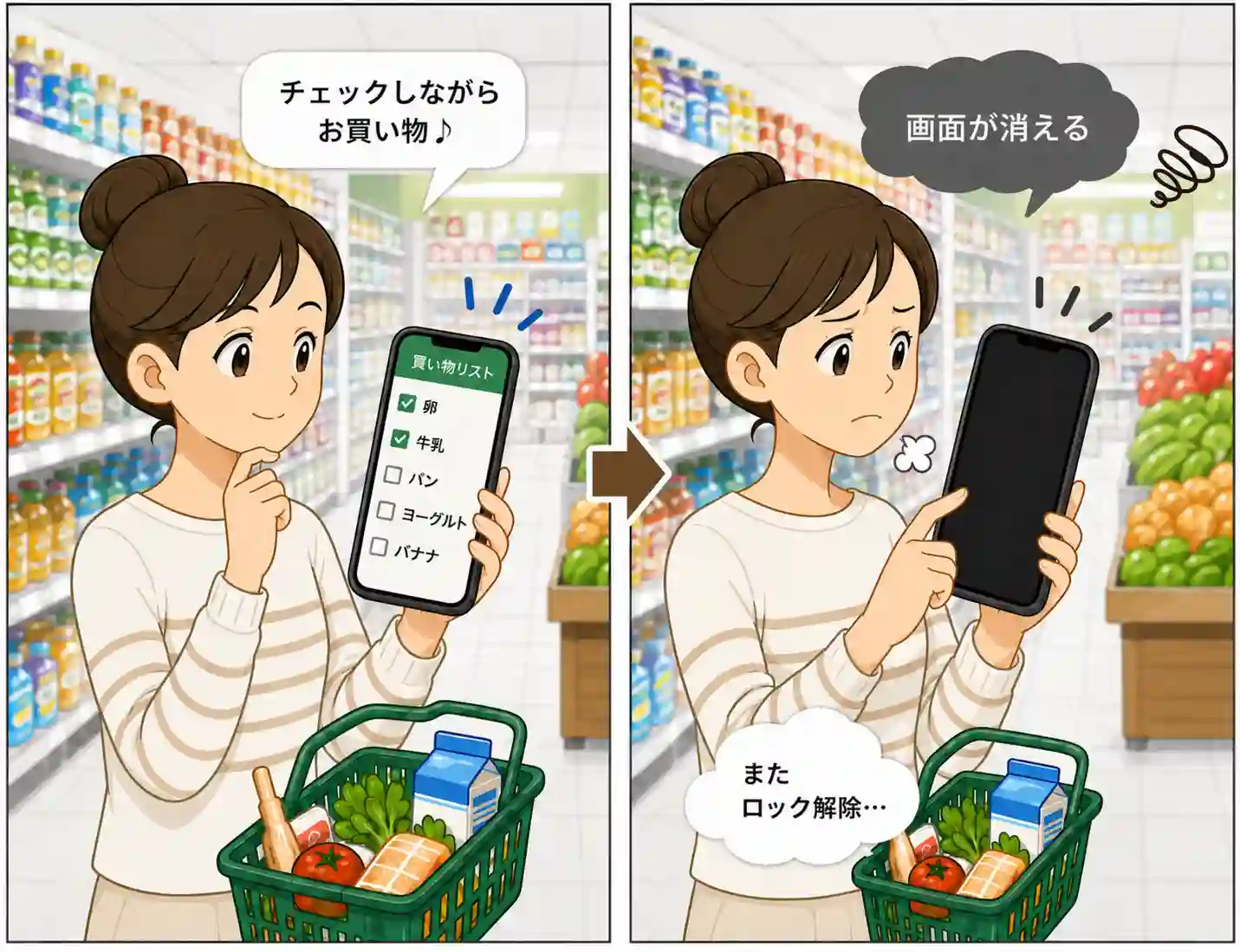 買い物中にスマホ画面が消えて困る様子