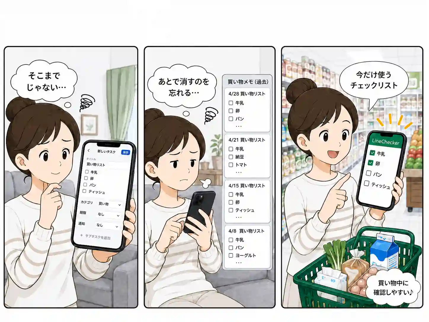 買い物メモをTodoアプリに入れるほどではないと感じる様子
