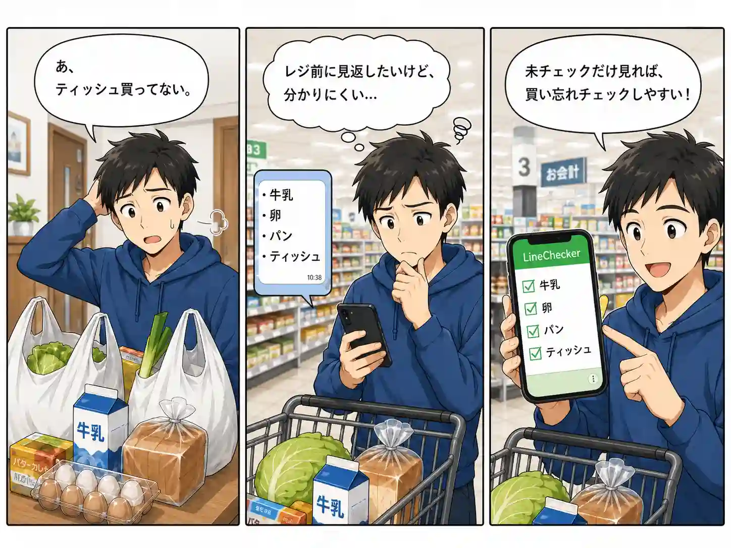 帰宅後に買い忘れに気づく様子